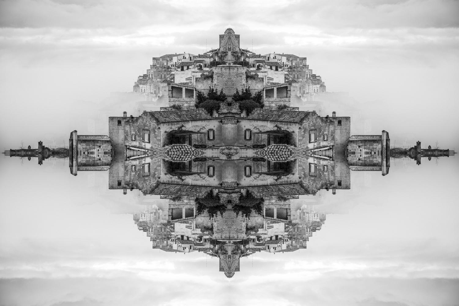 Matera transformed into a floating symmetrical world