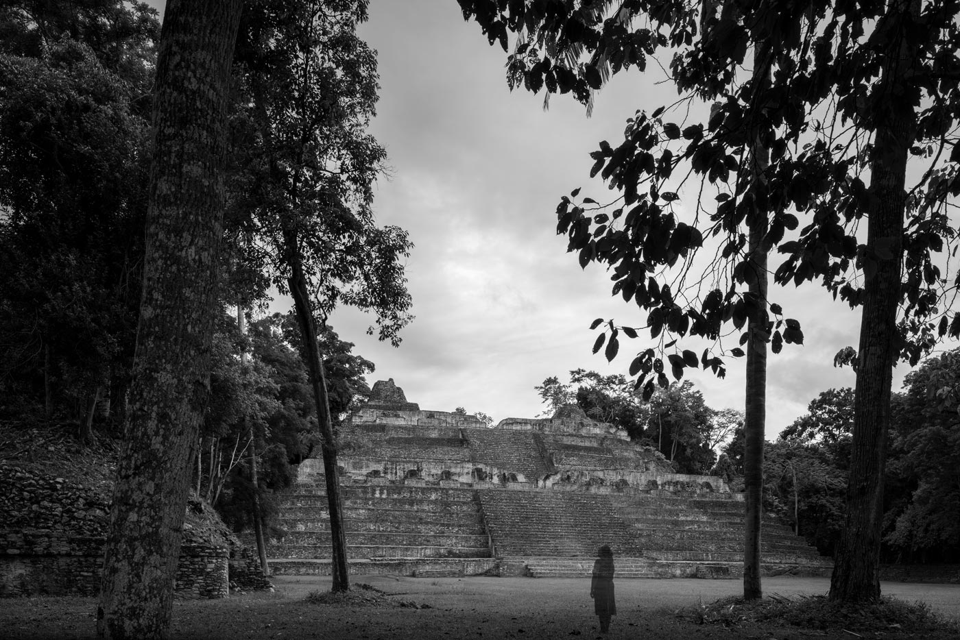 A translucent figure facing the great temple at Caracol